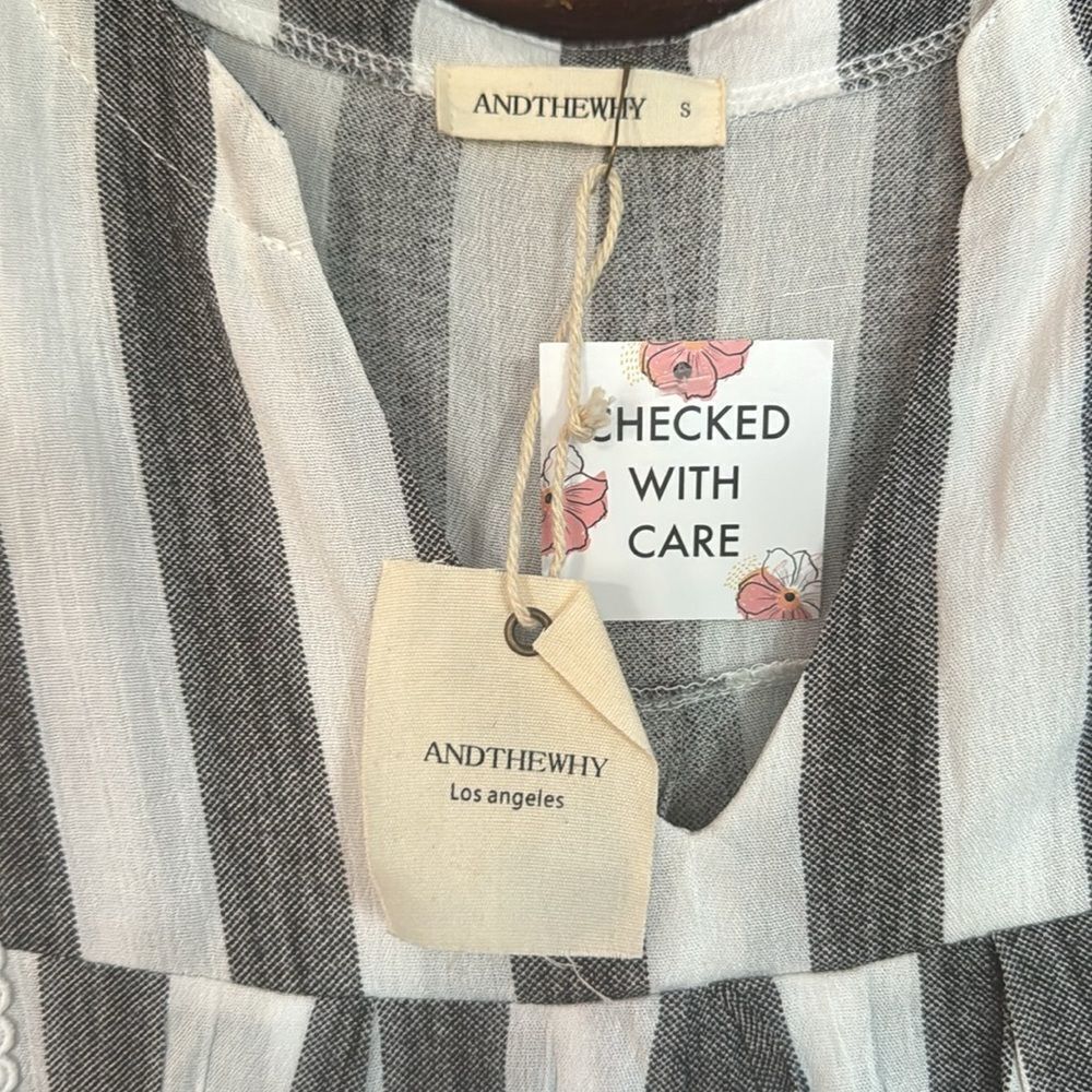 ANDTHEWHY black/white stripe open lace accent bishop sleeve flowy boho top. NWT. - Picture 10 of 13